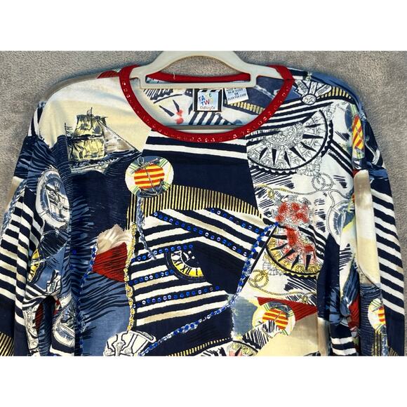 Take Two Blouse 1X Jersey Knit Nautical Sailing Sequin 3/4 Sleeve Country Club - Picture 2 of 6
